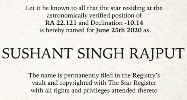 Name of star after Sushant